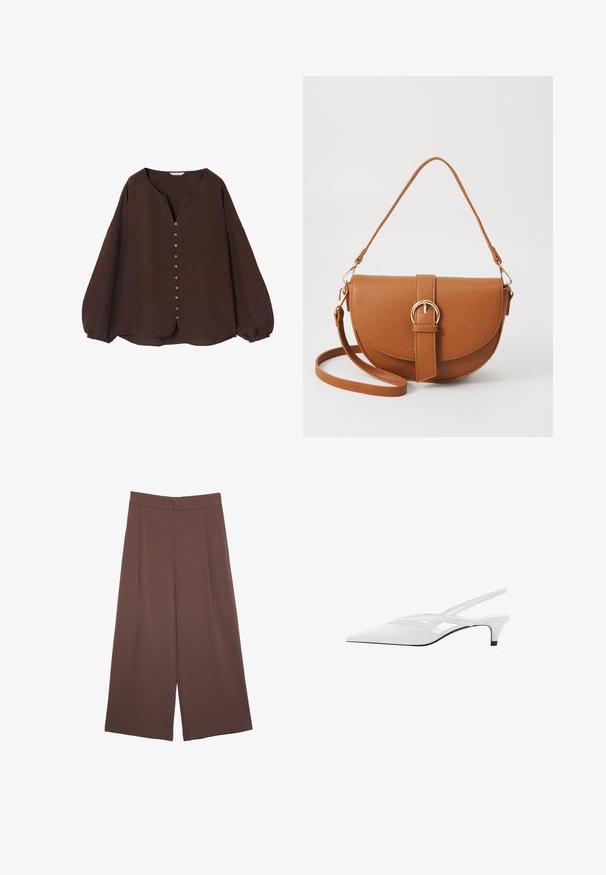 Ruskea pitkähihainen paita, joka on valmistettu tekstuurista materiaalista ja jossa on V-pääntie sekä edessä nappilista, varustettuna muotoilluilla hihoilla ja kaarevalla helmapäällä.; Ruskeat leveälahkeiset housut, joissa on sileä pinta, korkea vyötärö ja etupleat. Kangas on kevyttä ja laskeutuu väljänä.; Valkeat nilkkaremmikengät, joissa on terävä kärki, sileä päällinen, hienovaraiset aukot ja matala lohkopohja. Musta pohja korostaa muotoilua.; Ruskean nahkainen olkalaukku, jossa on kaareva muoto, kultaiset yksityiskohdat ja solkiyksityiskohta. Varustettu irrotettavalla olkahihnalla.