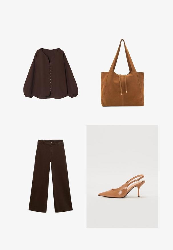 Smešani smeđi dugi rukav vrh izrađen od teksturiranog materijala s V-izrezom i prednjim dugmadi, sa naboranim rukavima i zaobljenim rubom.; Smeđe široke hlače od pamuka, s raspucanim rubom, prednjim kopčanjem na dugme i klasičnim dizajnom s pet džepova. Minimalističke i svestrane.; Sandal s petom u obliku šiljastog prsta od glatkog, sjajnog smeškastog materijala. Ima zakrivljeni izrez i vitku štiklu. Detalj s srebrnom kopčom.; Smeđa antilop torba za ruke s dva duga remena, zatvaranje na vezicu i minimalistički dizajn. Glatka tekstura i bez vidljivih metalnih elemenata.