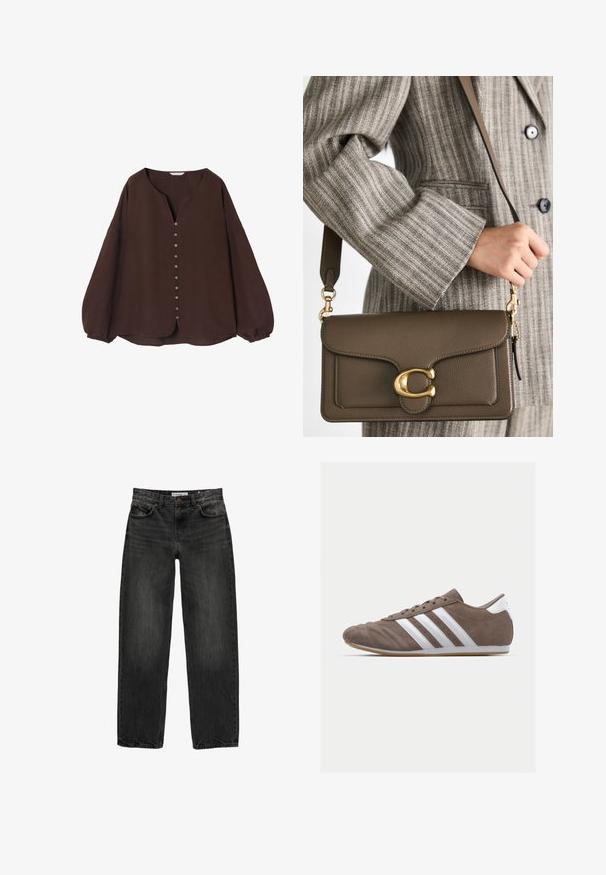 Braunes langärmliges Oberteil aus strukturiertem Material mit einem V-Ausschnitt und einer Knopfleiste an der Vorderseite, mit gerafften Ärmeln und abgerundetem Saum.; Schwarze Jeans aus Denim mit lockerer Passform, geradem Bein, fünf Taschen-Design und einer leicht gewaschenen Textur. Knopf- und Reißverschluss vorne.; Braune Wildleder-Sportschuhe mit weißen Streifen, runder Zehenform, Schnürdesign und Gummisohle. Strukturiertes Obermaterial mit Nahtdetails.; COACH TABBY SHOULDER BAG 26 - Handtasche - dark stone