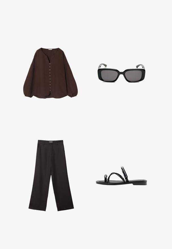 Maglia marrone a maniche lunghe realizzata in materiale testurizzato, con scollo a V e patta con bottoni frontale, dotata di maniche arricciate e orlo curvo.; Pantaloni neri a gamba larga realizzati in tessuto liscio, con zip frontale e due tasche laterali, dal taglio sartoriale e design minimalista.; Infradito neri con una finitura lucida, tre sottili cinturini e un dettaglio hardware circolare sulla punta. Design elegante con un tacco minimale.; Occhiali da sole neri rettangolari con lenti scure, montatura in plastica liscia e tempie curve. Il design è voluminoso con un'estetica minimalista.; Borsa in pelle beige con una forma unica, caratterizzata da due manici corti e una lunga tracolla regolabile. Texture liscia con hardware minimale.