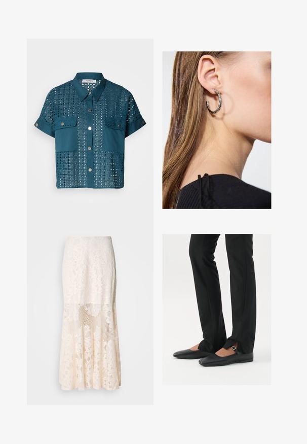 Teal kratka bluzica s čipkastimi detajli in dvema žepoma na prsih. Ima gumbasto zapiranje spredaj in ovratnik. Tekstura je okrašena z luknjicami.; Črn top brez rokavov, izdelan iz mehkega, raztegljivega materiala. Ima okrogel ovratnik in široke naramnice, s prilagojeno silhueto in gladko teksturo.; Cvečni čipkast midi krilo v kremni barvi; vključuje plasten dizajn s prosojnimi sekcijami, teksturiranim čipkastim materialom in razširjenim robom.; Črne usnjene balerinke s koničastim nosom, trak z srebrno zaponko, v kombinaciji s črnimi elegantnimi hlačami z razporkom na robu.; Srebrna obročasta uhana s polirano površino, ki vključuje majhne zlate poudarke in okroglo obliko, nošena na ušesnem lobu.