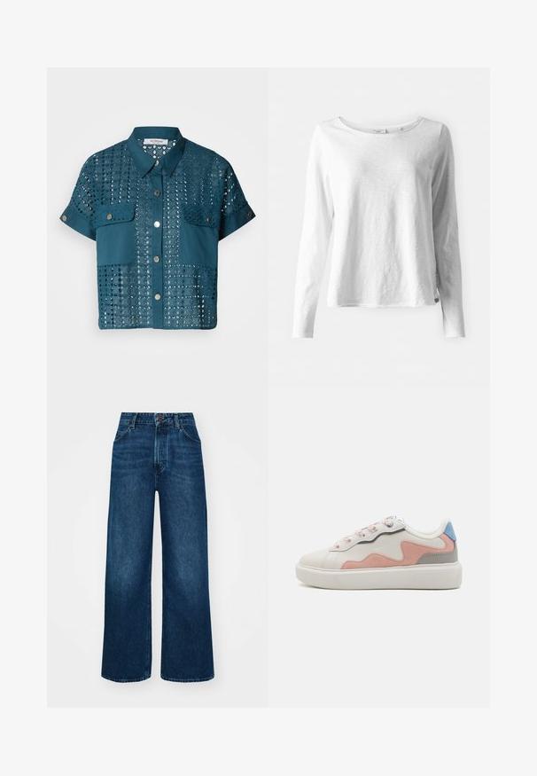 Türkise Kurzarmbluse mit Spitzenverzierungen und zwei Brusttaschen. Sie hat eine durchgehende Knopfleiste und einen Kragen. Mit Lochmuster strukturiert.; Langärmliges weißes T-Shirt aus weichem, leichtem Stoff; mit rundem Halsausschnitt und leicht lockerer Passform; Etikett an der Seite sichtbar.; Hochtaillierte, weit geschnittene Jeans in dunkelblauem Denim mit glatter Textur, Kontrastnähten und einem Fünf-Taschen-Design. Verschluss mit einem Frontknopf.; Niedrig geschnittene Sneakers mit einem weißen synthetischen Obermaterial, Akzenten aus rosa und grauem Wildleder, einer strukturierten weißen Gummisohle und bunten Schnürsenkeln.