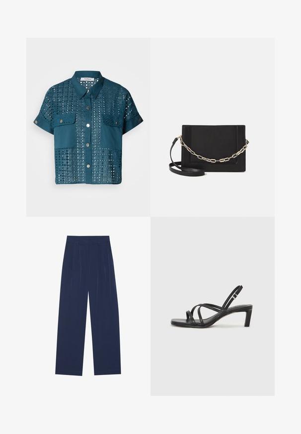 Zöldeskék, rövid ujjú blúz csipkés részletekkel és két mellzsebemmel. Gombos elülső részével és galléros nyakával rendelkezik. Pöttyös mintázattal van textúrázva.; Sötétkék, bő szárú nadrág puha anyagból, elől redőkkel, sima textúrával, egyenes szabással, látható zsebek nélkül.; Fekete pántos szandál négyzetes orral és alacsony blokk sarkal. Több vékony pánttal és állítható boka pánttal rendelkezik. Sima bőrből készült.; Fekete bőr keresztpántos táska, sima textúrával, téglalap alakú és fém lánc részlettel az elején. Állítható pánttal ellátva.