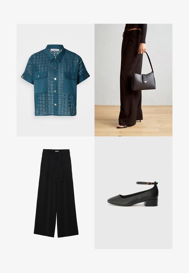Tyrkysová blúzka s krátkym rukávom, čipkovými detailmi a dvoma náprsnými vreckami. Obsahuje zapínanie na gombíky a golier. Textúrovaná s očkovými vzormi.; Čierne široké nohavice s textúrovanou tkaninou, elastickým pásom a odnímateľným viazaním na páse pre nastaviteľné priliehanie.; Čierne kožené lodičky s špicatou špičkou a nízkym blokovým podpätkom. Obsahuje remienok okolo členka so zlatým prackou. Hladký povrch.; Čierna kabelka so štruktúrovaným tvarom, hladkou textúrou a kovovou sponou. V kombinácii so širokými čiernymi nohavicami a sandálmi s otvorenou špičkou na drevenej podlahe.