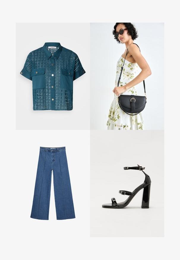 Teal blouse met korte mouwen, voorzien van kantdetails en twee borstzakken. Heeft een knoopsluiting aan de voorkant en een kraag. Gemaakt met een structuur van perforaties.; Brede denim jeans in medium blauw, met een hoge taille, knoopsluiting en contrasterende verticale naden aan de voorkant.; Zwarte gepatenteerde sandalen met hak en een vierkante neus, enkelbandjes en zilveren gespen. Heeft een stevige blokhak voor stabiliteit.; Zwarte leren handtas met een gebogen vorm, afneembare schouderband en gouden hardware. De tas heeft een klep met een gespsluiting.