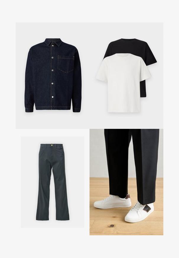 Tmavě modrá džínová košile s bundou, se zapínáním na knoflíky vpředu, špičatým límcem, náprsní kapsou a kontrastními oranžovými švy.; Sada bavlněných triček, která obsahuje černé a bílé tričko, obě s krátkým rukávem, kulatým výstřihem a standardním střihem. Texturovaná látka.; Černé kalhoty s rovnými nohavicemi, vyrobené z bavlněné směsi. Mají kovové zapínání a boční kapsy. Bez viditelných vzorů.; Bílé tenisky s hladkým povrchem, s hnědými koženými akcenty a černými detaily, kombinované s černými kalhotami na míru. Pozadí tvoří dřevěná podlaha.
