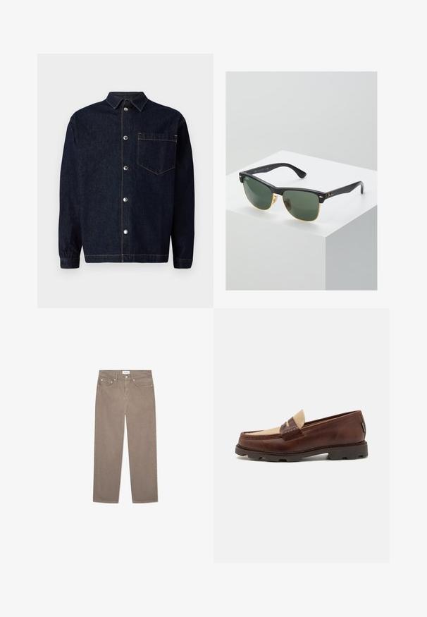 Ciemnoniebieska kurtka z dżinsu zapinana na guziki z przodu, z wyłogowym kołnierzem, kieszenią na piersi oraz kontrastującymi pomarańczowymi stębnowaniami.; Biały bawełniany top na ramiączkach z okrągłym dekoltem, szerokimi ramiączkami i prostym dołem, charakteryzujący się gładką teksturą i brakiem widocznych wzorów.; Brązowe dżinsy o prostym kroju z pięcioma kieszeniami, metalowymi dodatkami i gładką fakturą. Tkanina ma subtelny, jednolity wzór.; Brązowe skórzane mokasyny z taupe'owym akcentem z płótna, przeszyciami i teksturowaną gumową podeszwą zaprojektowaną dla komfortu i trwałości.; Okulary przeciwsłoneczne Ray-Ban z zielonymi soczewkami, czarnymi plastikowymi oprawkami i złotymi akcentami na krawędziach. Kwadratowy kształt z matowym wykończeniem.
