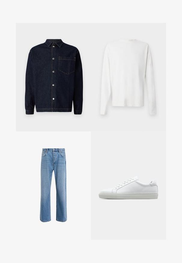 Dark blue denim shirt jacket with a front button closure, pointed collar, chest pocket, and contrasting orange stitching details.; Long-sleeved white cotton shirt with a round neckline, side slits at the bottom, and a smooth texture, displayed from the back.; Light blue denim jeans with a straight-leg design, five pockets, button closure, minimal fading, and contrasting stitching details.; White sneaker with a smooth leather upper and a low profile. Features a rounded toe, six eyelets, and a textured rubber sole.