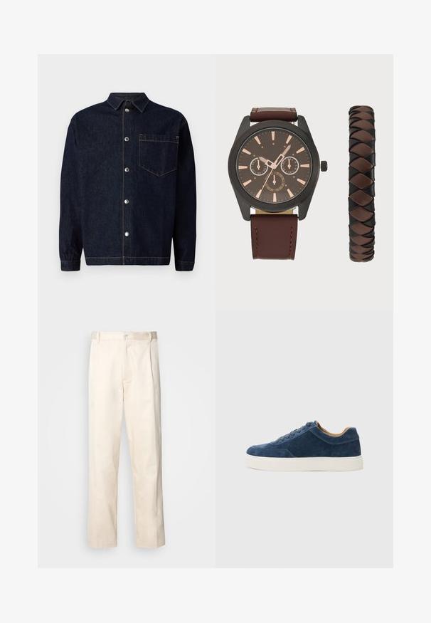 Tumši zila džinsa krekla jakas ar priekšējo pogu aizdari, punktveida apkakli, krūšu kabatu un kontrastējošajiem oranžajiem šuvju elementiem.; Bežā krāsā auduma bikses ar taisnu kāju griezumu, pievienotām pogu aizdares un priekšējiem krokām papildu detaļām.; Zilas zamša sporta apavi ar baltu gumijas zoli, ar šņorēm, noapaļota purngala forma un kontrastējoša brūna iekšpuse. Smalki izšūšanas elementi.; Pier One SET - Pulkstenis - black/brown