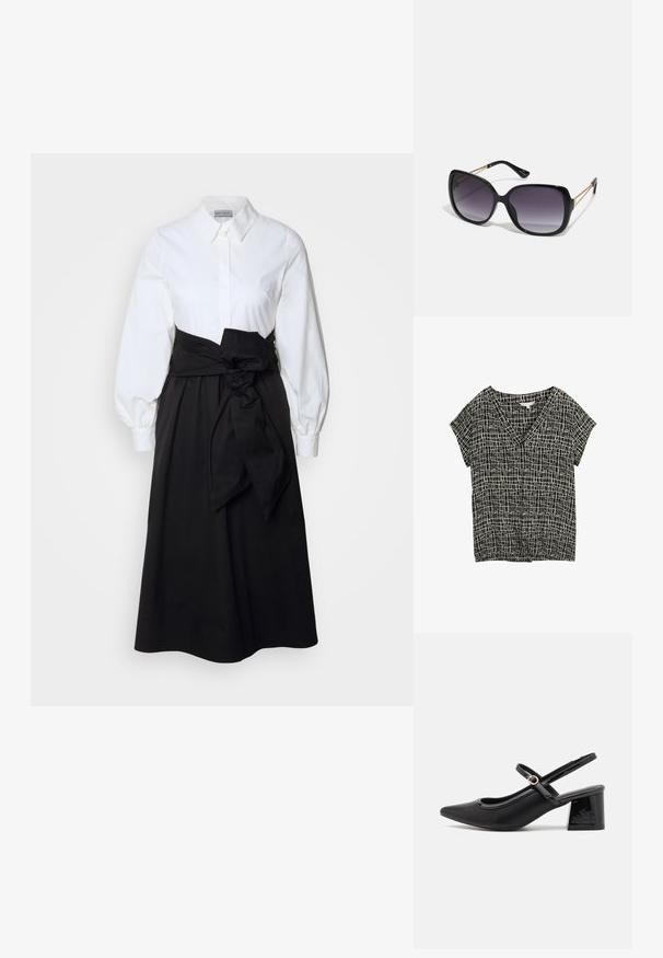 Black and white short-sleeve top with a V-neck, featuring a grid pattern. Made of lightweight fabric with a slightly textured surface.; White button-up top with long puff sleeves, paired with a black skirt and fabric belt tied at the waist, made from smooth cotton material.; Black patent leather slingback heels with a pointed toe, a rounded cutout design, and a block heel. Features a gold-tone buckle accent.; Black oversized sunglasses with gradient lenses, thick frames, and gold-tone chain detailing on the temple arms.; Black handbag with structured shape, smooth texture, and a metallic clasp. Paired with wide black pants and open-toe sandals on wooden floor.
