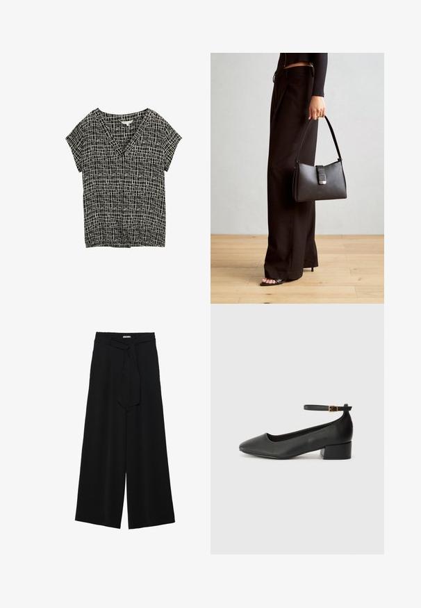 Schwarzes und weißes kurzärmliges Oberteil mit V-Ausschnitt, das ein Karomuster aufweist. Hergestellt aus leichtem Stoff mit einer leicht strukturierten Oberfläche.; Schwarze weite Hosen aus strukturiertem Stoff, mit elastischem Bund und einem abnehmbaren Bindegürtel in der Taille für eine verstellbare Passform.; Schwarze Lederpumps mit spitzem Zehenbereich und niedrigem Blockabsatz. Mit einem Knöchelriemen und einer goldfarbenen Schnalle. Glatte Textur.; Schwarze Handtasche mit strukturierter Form, glatter Textur und einem metallischen Verschluss. Kombiniert mit weiten schwarzen Hosen und offenen Sandalen auf einem Holzboden.