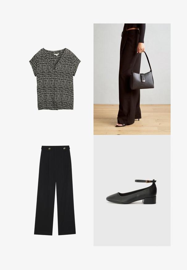 Schwarzes und weißes kurzärmliges Oberteil mit V-Ausschnitt, das ein Karomuster aufweist. Hergestellt aus leichtem Stoff mit einer leicht strukturierten Oberfläche.; Schwarze weite Hosen mit hoher Taille, Knopfdetails am Bund und vorderen Falten.; Schwarze Lederpumps mit spitzem Zehenbereich und niedrigem Blockabsatz. Mit einem Knöchelriemen und einer goldfarbenen Schnalle. Glatte Textur.; Schwarze Handtasche mit strukturierter Form, glatter Textur und einem metallischen Verschluss. Kombiniert mit weiten schwarzen Hosen und offenen Sandalen auf einem Holzboden.