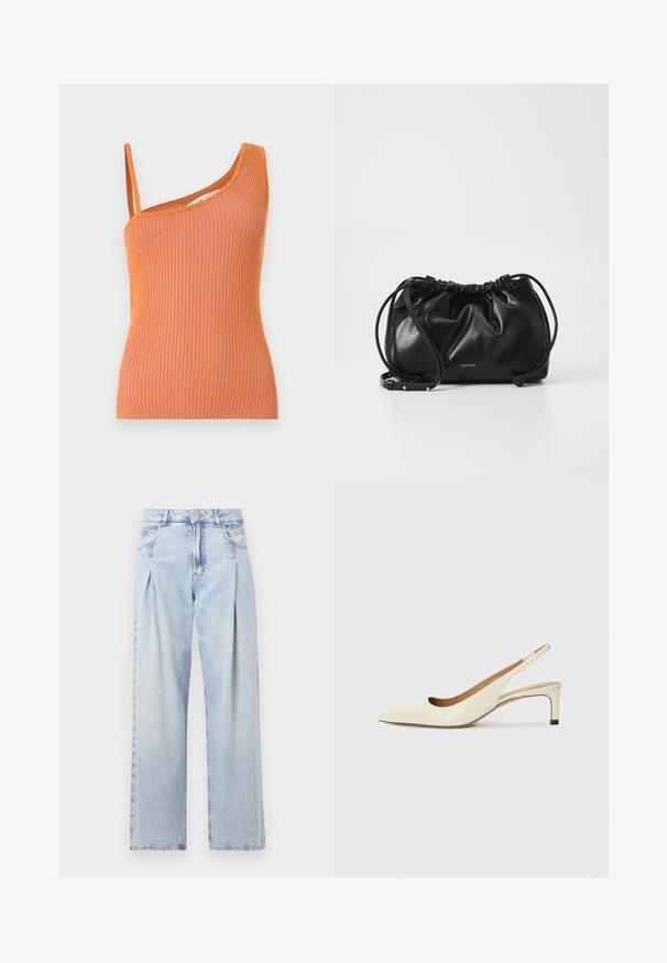 Oransje ribbede tanktop med en enkelt skulderstropp, som har en tettsittende silhuett og teksturert stoff.; Lyseblå denimjeans med høy livlinje, vide ben, to sidelommer og plisserte detaljer. Myk tekstur med en falmet finish.; Sko med spiss tå og slingback i off-white skinn, med lav hæl og utskårent design, med en glatt tekstur og minimale detaljer.; Svart lærveske med samlet design, dobbel snoråpning og avtagbar skulderrem. Har metallisk logodetalj.