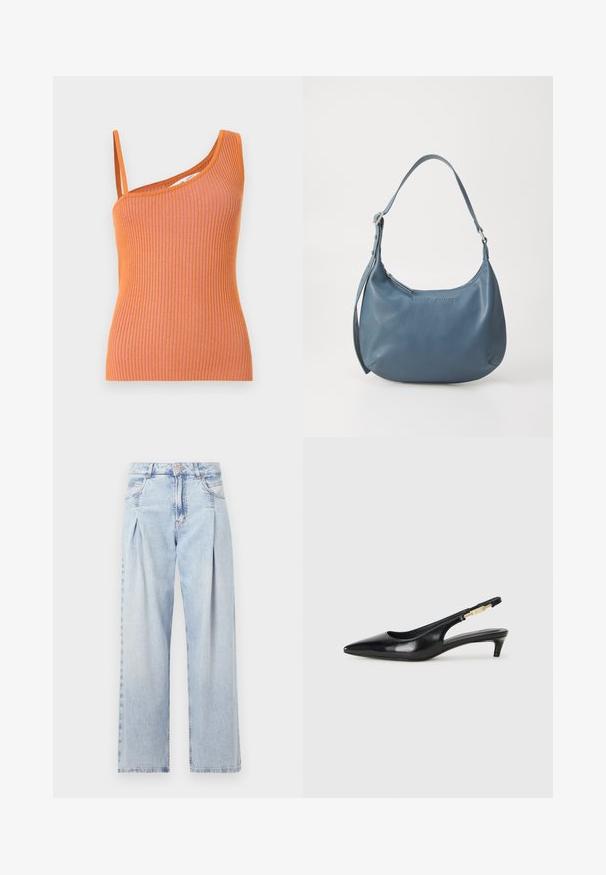 Oranžinė raštuota liemenėlė su viena petnešėle, pasižyminti prigludusia siluetu ir tekstūruotu audiniu.; Šviesiai mėlyni džinsai su aukštu liemeniu, plačiomis kojomis, dviem šoninėmis kišenėmis ir raukinių dizainu. Minkšta tekstūra su nudilusia apdaila.; Juodas odinis pavasario batelių modelis su smailiu nosiu, turintis siaurą kulniuką ir auksinės spalvos akcentu reguliuojamoje juostoje. Lygi tekstūra.; Mėlyna odinė rankinė su apvalia forma, viena petneša, užtrauktuku ir iškilmingu prekės ženklu priekyje. Lygi tekstūra.
