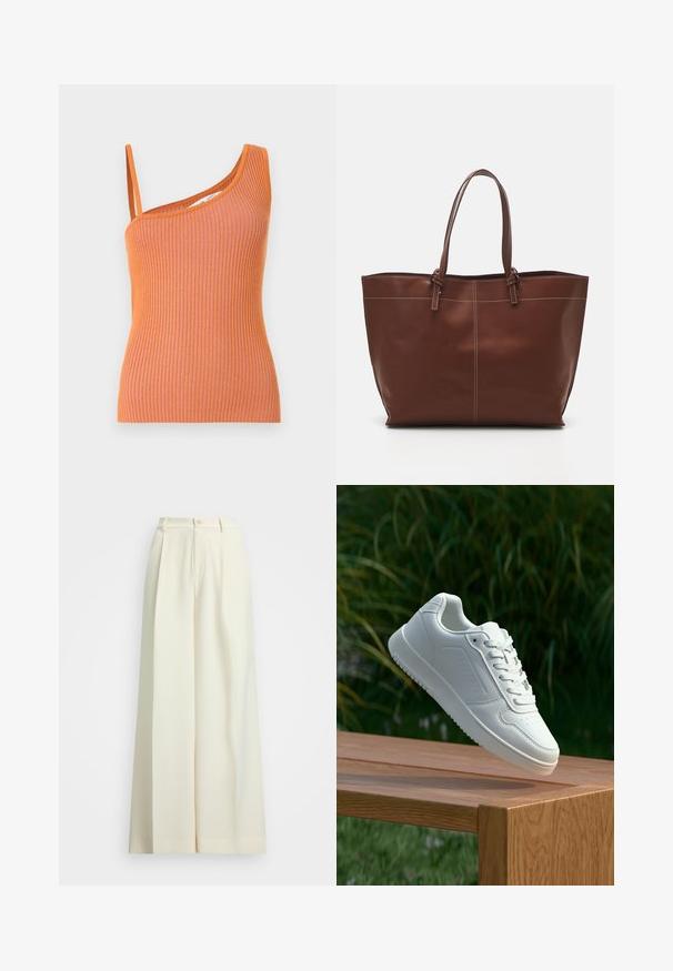 Orange ribbed tank top with a single shoulder strap, featuring a fitted silhouette and textured fabric.; Wide-leg trousers in off-white fabric, featuring a high waist, double pleats, and a button closure. Smooth texture and tailored design.; White sneaker with a smooth synthetic upper, perforated toe box, flat laces, and a textured sole, displayed on a wooden surface.; Brown leather tote bag with double handles, features contrast stitching and a spacious design, suitable for everyday use.