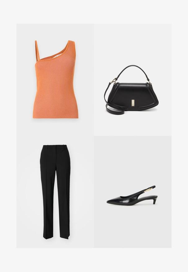 Oranžs ribots top ar vienu plecu siksnu, ar pieguļošu siluetu un strukturētu audumu.; Melnas pielāgotas bikses ar taisnu kāju dizainu, kas raksturojas ar gludu faktūru un asiem krokām pa priekšu. Nav redzamu metāla detaļu.; Melnas ādas slingback zābaki ar smailu purngalu, ar šauru papēdi un zelta krāsas akcentu uz regulējama siksniņas. Gluda tekstūra.; Melnas ādas roku soma ar struktūru, ar īsu formu, augšējo rokturi un zelta aksesuāriem. Iekļauta regulējama plecu siksna.