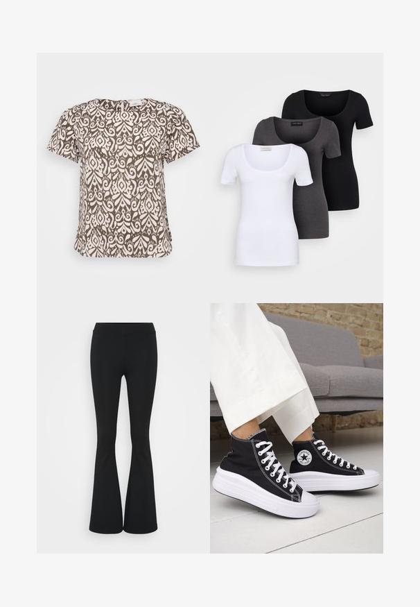 Brun og hvit mønstrete kortermet topp med rund hals og sideslisser, laget av et strukturert stoff. Merkesverdig blomsterdesign.; Tre figurerte T-skjorter i hvit, grå og svart. Hver har en bred scoop-nakke og korte ermer. Laget av glatt, elastisk stoff.; Svarte flared bukser laget av elastisk stoff, med høy midje og en glatt tekstur. Buksene vidder ut fra kneet.; Svarte høye sneakers med hvite gummisåler og lisser. Har et rundt logo-merke og kontrasterende hvite sømmer. Laget av lerret.