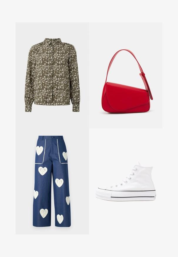 Green patterned button-up shirt with long sleeves, featuring a floral design in white and subtle detailing on the fabric texture.; Sister Jane HEART TO HEART - Straight leg jeans - blue denim; White high-top canvas sneaker with black rubber sole, front rubber toe cap, and six eyelets for laces, featuring a clean, minimalist design.; Red leather handbag with an angular, geometric design. Features a single adjustable strap and a flap closure with stitched detailing.