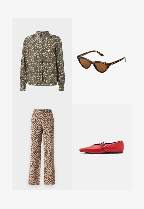 Zelena srajca s potiskom in dolgimi rokavi, ki ima cvetlični vzorec v beli barvi in subtilne detajle na teksturi tkanine.; Široke hlače z vzorcem tiger pruga v odtenkih rjave in črne barve, s standardnim pasom in petimi žepi.; Rdeče usnjene balerinke s koničastim nosom, z bočnim trakom z kovinsko sponko in nizko črno peto. Gladka tekstura po celotni površini.; Mačje oči sončna očala z okvirom v črno-oranžni želvej ohišji, rjavimi lečami in elegantnimi, ostrimi konicami. Imajo minimalistični logo na ročaju.