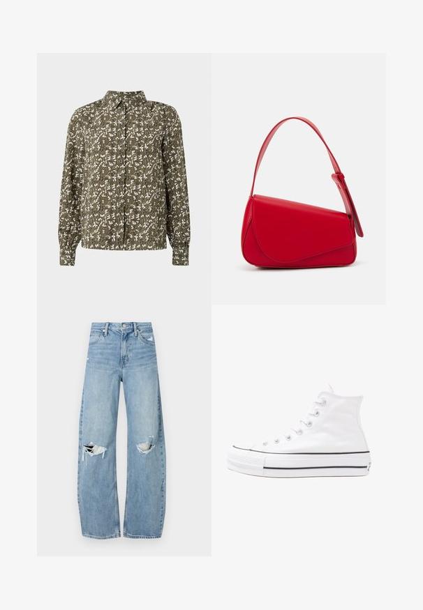 Green patterned button-up shirt with long sleeves, featuring a floral design in white and subtle detailing on the fabric texture.; Light blue, high-waisted jeans made of denim. Feature wide legs, two torn knee areas, and classic five-pocket styling.; White high-top canvas sneaker with black rubber sole, front rubber toe cap, and six eyelets for laces, featuring a clean, minimalist design.; Red leather handbag with an angular, geometric design. Features a single adjustable strap and a flap closure with stitched detailing.