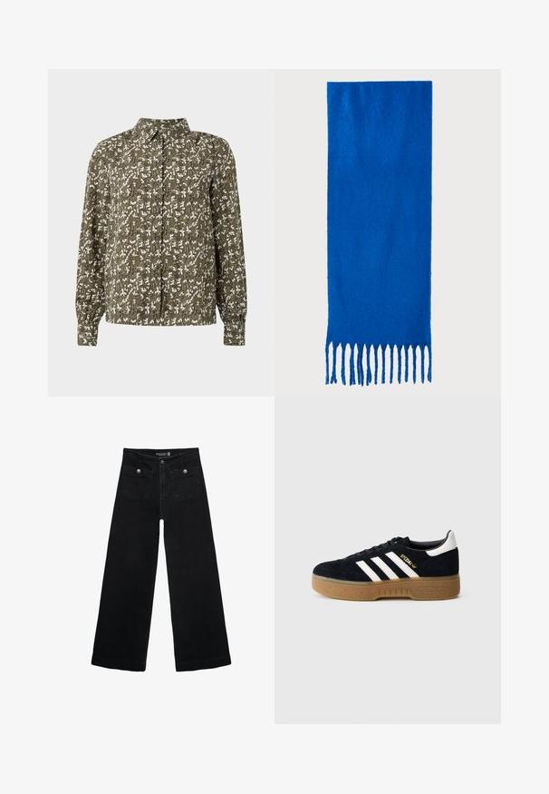Grün gemusterte Hemd mit langen Ärmeln, das ein florales Design in Weiß und subtile Details in der Stoffstruktur aufweist.; Schwarze, weit geschnittene Jeans mit hoher Taille, die zwei Fronttaschen und metallene Knopfakzente aufweist. Der Stoff hat eine glatte Textur.; Schwarzer Wildledersneaker mit weißen drei Streifen und goldfarbenem Logo. Gummisohle mit strukturiertem Grip. Klassisches Low-Top-Design, abgerundete Zehenkappe.; Blauer gefranster Schal aus weichem Stoff; hat eine einfarbige Oberfläche mit strukturierter Textur und gleichmäßig geschnittenem Fransen am unteren Ende.; Schwarze Umhängetasche aus strukturiertem synthetischem Material. Verfügt über ein eingeprägtes Logodesign und einen verstellbaren Riemen. Mit Reißverschluss geschlossen.