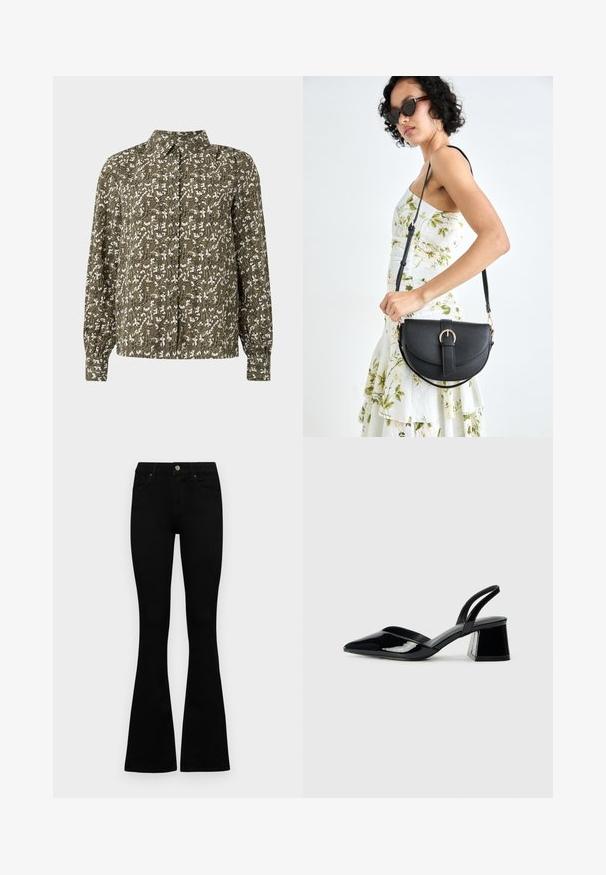 Zelená košeľa na gombíky s dlhými rukávmi, s kvetinovým vzorom v bielej farbe a jemným detailom na textúre látky.; Čierne vysoké nohavice s gombíkom a zipsom, predné vrecká a rozšírené nohavice položené na bielom pozadí.; Čierne lakované kožené sandálové podpätky s špicatou špičkou a geometrickým blokovým podpätkom. Disponujú elegantným, minimalistickým dizajnom a hladkým povrchom.; Čierna kožená kabelka s zaobleným tvarom, odnímateľným popruhom a zlatými doplnkami. Kabelka má klopu s detailom s prackou.
