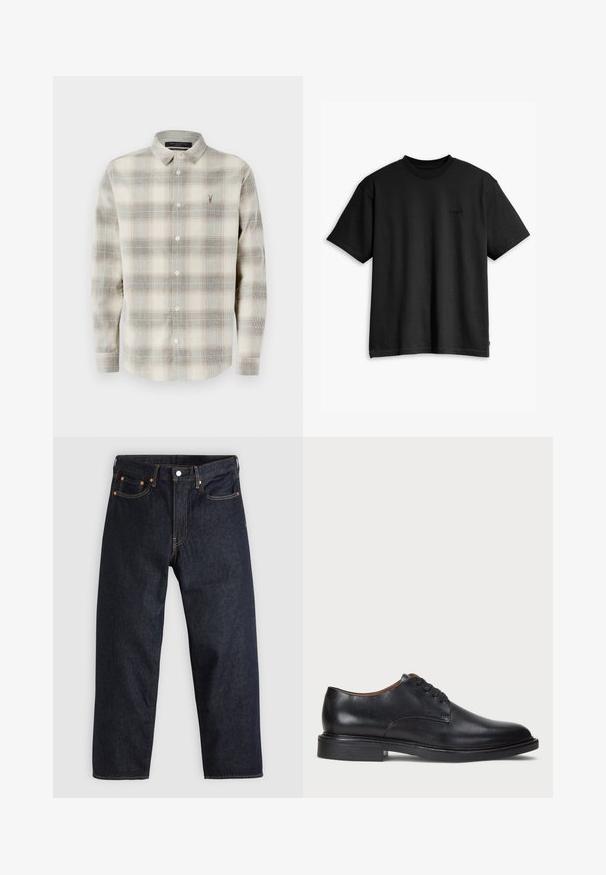 Μακρυμάνικο πουκάμισο με κουμπιά σε καρό σχέδιο σε μπεζ και γκρι, με尖 μύτη και μικρό κεντημένο λογότυπο στο αριστερό στήθος.; Μαύρο βαμβακερό T-shirt με στρογγυλή λαιμόκοψη και κοντά μανίκια. Διαθέτει ένα διακριτικό λογότυπο μπροστά και ίσια τελειώματα. Απλός και μινιμαλιστικός σχεδιασμός.; Σκούρο μπλε τζιν παντελόνι με ίσια γραμμή, πέντε τσέπες, αντίθετη πορτοκαλί ραφή και κουμπί στην μέση. Χωρίς ορατά σχέδια ή διακοσμήσεις.; Μαύρο δερμάτινο παπούτσι με στρογγυλή μύτη, σχέδιο με κορδόνια και χαμηλό σωρευμένο τακούνι. Λείος υφάντης με ελάχιστες ραφές.