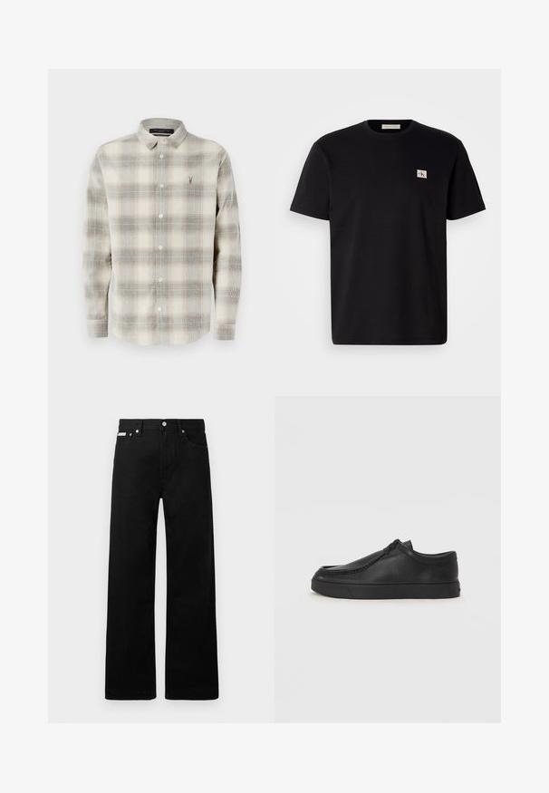 Kariertes Hemd in Creme-, Grau- und Brauntönen. Lange Ärmel, Button-Down-Kragen, Frontknopfleiste und kleines Logo auf der Brust. Strukturierter Stoff.; Schwarzes Baumwoll-T-Shirt mit kurzen Ärmeln, Rundhalsausschnitt und kleinem gesticktem Logo auf der linken Brust. Geschmeidige Textur, normale Passform.; Schwarze Denim-Hose im weiten Bein-Design mit fünf Taschen und metallenen Knopfdetails. Glatte Textur, ohne sichtbare Muster.; Schwarze Leder-Schlupfschuhe mit runder Zehenform, genähten Details und schwarzer Gummisohle. Glatte Textur mit minimalistischem Design.