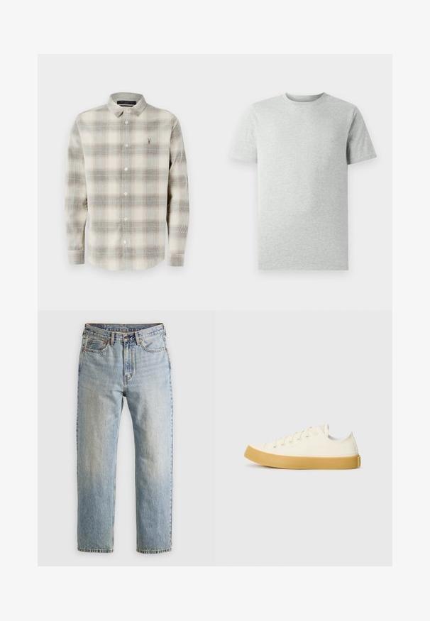 Camicia con maniche lunghe e bottoni, con un motivo a quadri beige e grigio, colletto a punta e piccolo logo ricamato sul lato sinistro del petto.; Maglietta a maniche corte grigia chiara, girocollo, mostrata su uno sfondo bianco, vista frontale senza loghi o design visibili.; Jeans in denim azzurro chiaro con vita alta, bottone anteriore, cerniera e design a cinque tasche, adagiati su uno sfondo neutro.; Sneakers in tela di colore avorio con punta rotonda, dotati di suole in gomma beige e cinque occhielli per i lacci, finitura texturizzata sulla parte superiore.