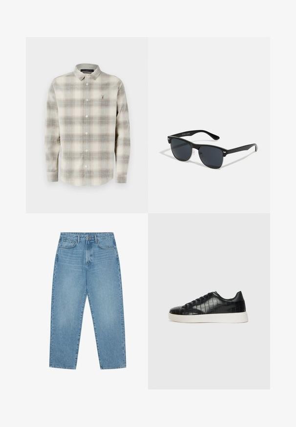 Ilgomis rankovėmis marškiniai su šviesiai ruda ir pilka languota raštas, smailiu apykakle ir mažuoju siuvinėjimu kairiajame krūtinės šone.; Šviesiai mėlyni džinsai su plačiomis kojomis ir aukštu liemeniu, turintys penkias kišenes, diržo kilpas ir švelnų, šiek tiek išblukusį tekstūrą.; Juodi sportiniai batai su tekstūruotu krokodilo odos pamušalu, apvalia kojų dalimi ir kontrastinga balta guma su lygiu paviršiumi.; Juodos saulės akinių su stačiakampiu rėmeliu, tamsiais lęšiais, sidabrinėmis detalėmis šventrajose ir matinio paviršiaus rėmeliu.