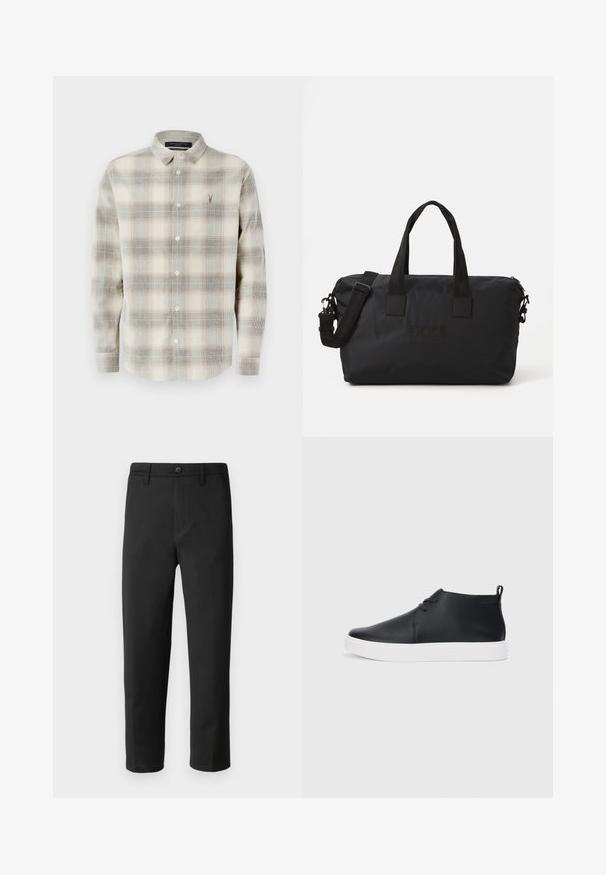 Langekleurige overhemden met een beige en grijze ruitpatroon, puntkraag en een klein geborduurd logo op de linkerborst.; Zwarte broek met een rechte snit, gemaakt van gladde stof. Voorzien van een knoopsluiting en riemlussen. Geen zichtbare patronen of accenten.; Zwarte leren high-top sneakers met een gladde afwerking, witte rubberen zool en een eenvoudig vetersluiting ontwerp. Beschikt over een trekband aan de achterkant.; Zwarte nylon sporttas met twee bovenhandvatten en een afneembare schouderriem. Voorzien van een geperst logo en een zachte textuur met ritssluiting.