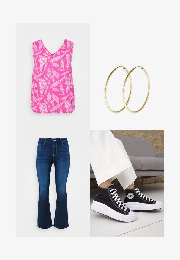 Roze bezrukavni top s V-izrezom, s bijelim uzorkom lišća i širokim krojem. Izrađen od lagane tkanine s glatkom teksturom.; Tamno plave traperice sa širom nogavicom, izrađene od denima, s pet džepova, rajsferšlusom na munju s gumbom i kontrastnim šavovima.; Crne tenisice visoke košarke s bijelim gumenim potplatom i vezicama. Imaju okruglu logotipsku zakrpu i kontrastni bijeli šav. Materijal od platna.; Zlatne kružne naušnice s glatkim, zaobljenim dizajnom i sjajnom završnom obradom. Lagana konstrukcija s sigurnim kopčanjem.