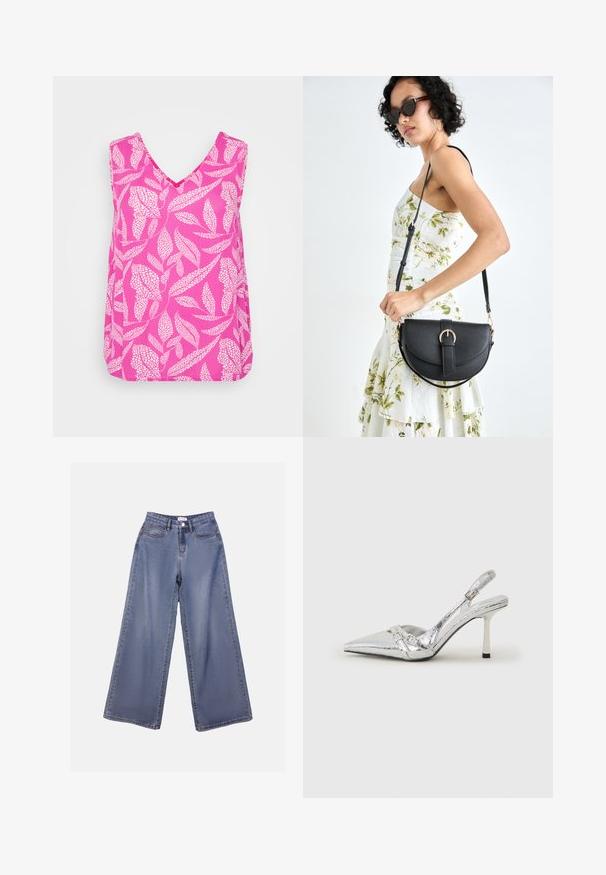 Top roz fără mâneci, cu decolteu în V, având un model cu frunze albe și o croială lejeră. Fabricat dintr-un material ușor, cu o textură fină.; Jeans din denim cu picioare largi într-o nuanță de albastru deschis, având talie înaltă, buzunare frontale și închidere cu nasture și bucle pentru curea.; Pantofii cu toc înalt, argintii, cu vârf ascuțit, finisaj metallic, două curele decorative și un toc subțire cu vârful negru.; Geantă din piele neagră, cu o formă curbată, curea detașabilă și accesorii aurii. Geanta are un capac cu un detaliu tip cataramă.