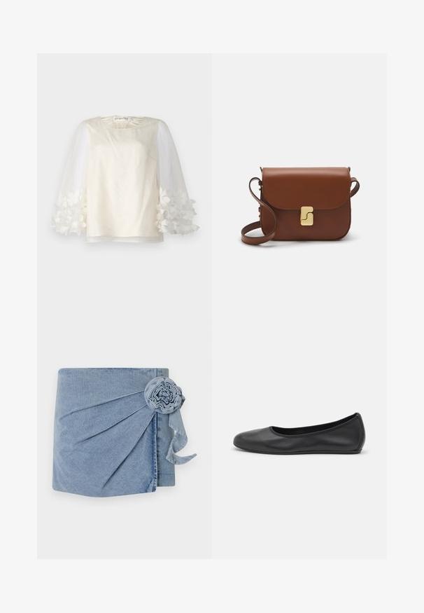 Hvid top med en glat stofkvalitet og prikker, gennemsigtige pufærmer prydet med blomster-appliquéer og rund halsudskæring.; Denimindpakning med en lys blå nuance, intrikate plisseringer og en dekorativ blomst med et svævende bånd. Blød tekstur og afslappet design.; Sort læderballetsko med rund tå, glat tekstur, minimal syning og et fleksibelt såldesign.; Brun læder håndtaske med flaplukning, hardware i gyldent tone, en skulderrem og en glat overflade. Kompakt rektangulær form.