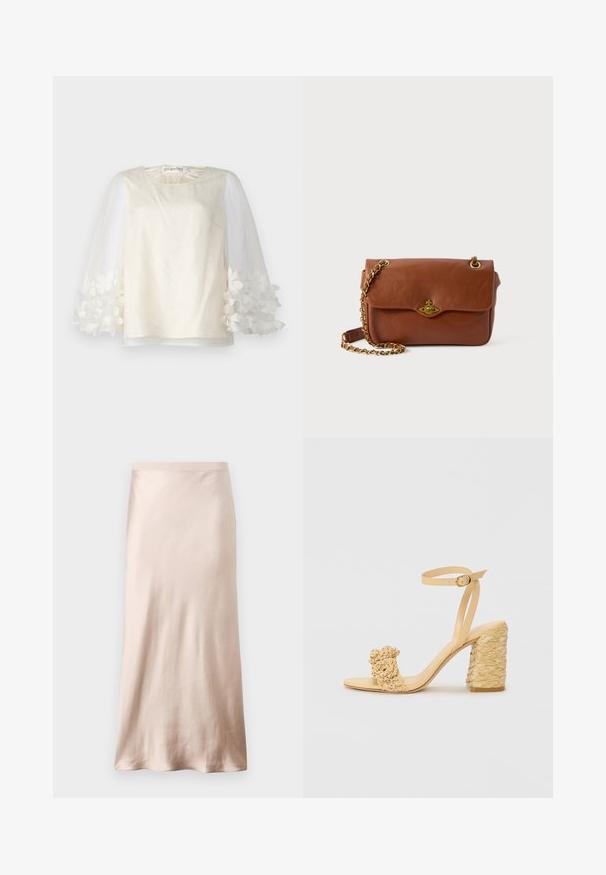Biely top s hladkou tkaninou a bodkovanou textúrou, priesvitnými puf rukávmi zdobenými kvetinovými aplikáciami a okrúhlym výstrihom.; Saténová midi sukňa v svetlej béžovej farbe, so priliehavým pásom, hladkou textúrou a rozšíreným lemom, bez viditeľných ozdôb alebo vreciek.; Béžové sandále na vysokom podpätku s opletenou textúrou, ozdobené kvetinou a popruhom na členku. Štvorcová päta zvyšuje stabilitu.; Hnedá kožená crossbody taška so skladacím uzáverom, zlatými kovovými detailmi a reťazovou rukoväťou. Hladký povrch, obdĺžnikový tvar, minimálne detaily.