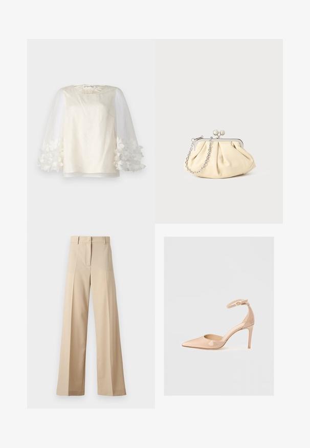 Weißes Oberteil aus glattem Stoff mit gepunkteter Textur, durchsichtige Puffärmel, die mit Blumenapplikationen verziert sind, und einem runden Ausschnitt.; Beige weite Hosen aus glattem Stoff, mit einem flachen Vorderteil mit Falten, einem Reißverschluss und Gürtelschlaufen. Insgesamt eine taillierte Passform.; Nude Lackleder-Pumps mit spitzem Zehenbereich, einem Knöchelriemen und einem Stiletto-Absatz, die eine glatte Textur und ein minimalistisches Design aufweisen.; Faltige beigefarbene Ledertasche mit einem silbernen Metallrahmen, ausgestattet mit zwei runden dekorativen Verschlüssen und einem silbernen Kettenriemen.