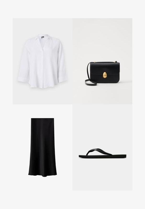 Weißes Leinenhemd mit langen Ärmeln, Kragen, V-Ausschnitt und subtilen Falten. Hat eine lockere Passform und Manschetten mit umgeschlagenem Saum.; Schwarze Midischürze aus glattem, leichtem Stoff. Sie hat einen geraden Schnitt, keine sichtbaren Beschläge und ein schlichtes Design ohne Muster.; Schwarze Gummi-Flip-Flop-Sandale mit einem strukturierten Riemen und einfacher flacher Sohle, von der Seite auf einem schlichten hellen Hintergrund dargestellt.; Schwarze Lederhandtasche mit strukturierter rechteckiger Form. Verfügt über einen goldenen ovalen Verschluss und einen dünnen Schulterriemen. Glatte Textur.