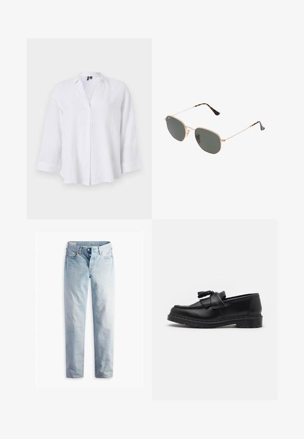 Balta garām piedurknēm izgatavota lina krekls ar apkakli, V veida kakla izgriezumu un smalku plisējumu. Iespējo relaksētu piegriezumu un aproces ar apgrieztiem malu galiem.; Gaiši zili džinsi ar taisno kāju griezumu, divām priekšējām kabatām un divām aizmugurējām kabatām. Ietver divu pogu jostas aizdari un smalkas šuves.; Melnas ādas loafer kurpes ar pušķu akcentu, izšūti raksti gar malām un biezs gumijas zole izturībai.; Zelta metāla rāmis saulesbrilles ar tumši zaļiem stikliem, aviator stils, ar šaurām kājām un bruņu akcentiem uz galiem.