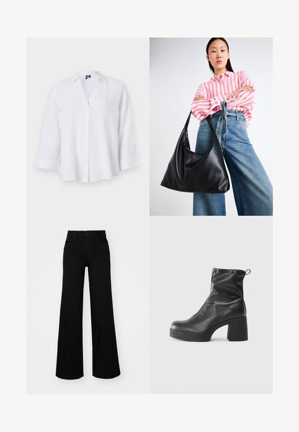 Weißes Leinenhemd mit langen Ärmeln, Kragen, V-Ausschnitt und subtilen Falten. Hat eine lockere Passform und Manschetten mit umgeschlagenem Saum.; Schwarze weit geschnittene Hose aus Denim, mit einem strukturierten Bund, Gürtelschlaufen und Fronttaschen. Glatte Textur mit klassischem Design.; Schwarze Stiefeletten aus glattem Leder mit seitlichem Reißverschluss, klobigem strukturiertem Absatz und runder Zehenform.; Schwarze Leder-Umhängetasche mit einer lässigen Form und Nahtdetails. Das Modell trägt ein pink-weiß gestreiftes Hemd zu weit geschnittenen blauen Jeans.