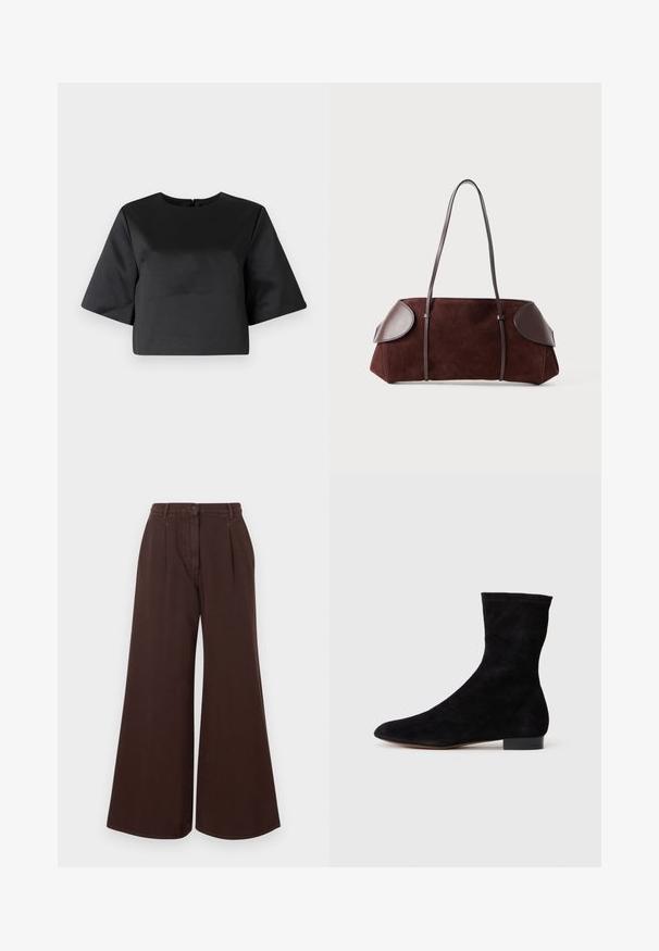 Čierny krátky top s okrúhlym výstrihom, širokými krátkymi rukávmi a skrytým zadným zipsom. Vyrobený z hladkej látky s matným povrchom.; Hnedé nohavice so širokými nohavicami a vysokým pásom, so zapínaním na gombík a zips, pútkami na opasok a prednými skladmi.; Čierne semišové členkové topánky s priliehavým zvrškom, špicatou špičkou a nízkym blokovým opätkom. Hladká textúra a minimalistický dizajn, vhodné na všestranné kombinovanie.; Hnedá semišová taška s koženými akcentmi, štruktúrovaný tvar, dvojité ramenné popruhy a zaoblené okraje, s hladkou textúrou a minimálnym hardvérom.
