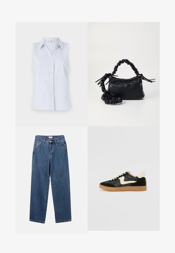 Bezdarbė mėlyna ir balta dryžuota marškinė su apykakle, mygtukų uždarymu ir tiesiu hemu. Pagaminta iš lengvos medžiagos.; Klasikiniai mėlynos džinsinio audinio džinsai su tiesiomis kojomis, penkiomis kišenėmis ir mygtukų uždarymu. Pasižymi vidutiniu skalbimu ir tvirtu audiniu.; Juodos zomšo ir odos sportinės bateliai su kreminiu šoniniu swoosh ir šviesiai kreminiu kulnu. Ypatybės - smėlio spalvos raišteliai ir guminis padas.; Juodas dirbtinės odos rankinė su krokodilo tekstūra, sušnibždinta viršuje ir susikraipytu dirželiu. Atrodo minkšta ir kompaktiška.