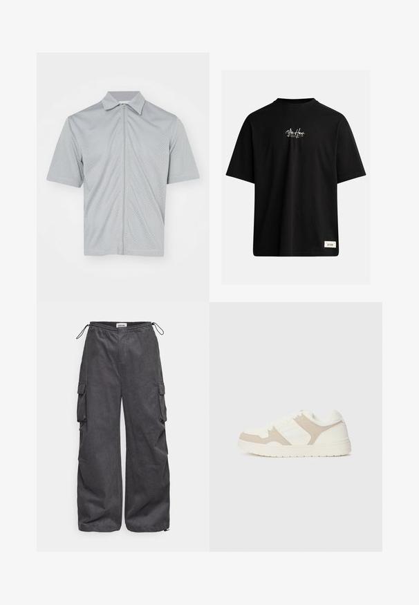 Giacca sportiva a maniche corte grigio chiaro realizzata in tessuto a rete traspirante, con zip frontale e colletto a punte.; T-shirt nera a maniche corte in cotone. Presenta un piccolo logo bianco sul petto e un'etichetta rettangolare in basso a destra.; Pantaloni cargo grigi con un tessuto texturizzato, vita elastica, cordino e dettagli con tasche laterali. Vestibilità ampia con gambe larghe.; Sneaker bianca e beige caratterizzata da una combinazione di texture liscia e scamosciata, punta rotonda, chiusura con lacci e suola in gomma piatta.