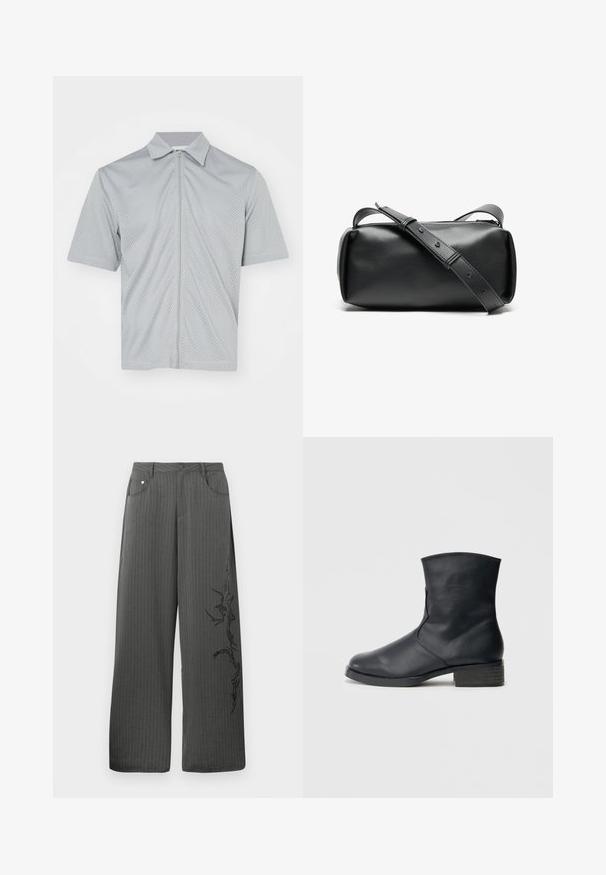 Veste de sport à manches courtes gris clair en tissu maillé respirant, dotée d'une fermeture éclair sur toute la longueur à l'avant et d'un col pointu.; Pantalons larges à rayures dans un tissu gris foncé, avec des poches avant et un imprimé décoratif noir sur le côté gauche.; Bottine en cuir noir à surface lisse, forme étroite, bout arrondi et petit talon carré. Dotée d'une fermeture éclair latérale.; Sac en cuir noir à bandoulière, de forme cylindrique, fermeture zippée et bandoulière réglable. Texture lisse avec des détails de design minimalistes.