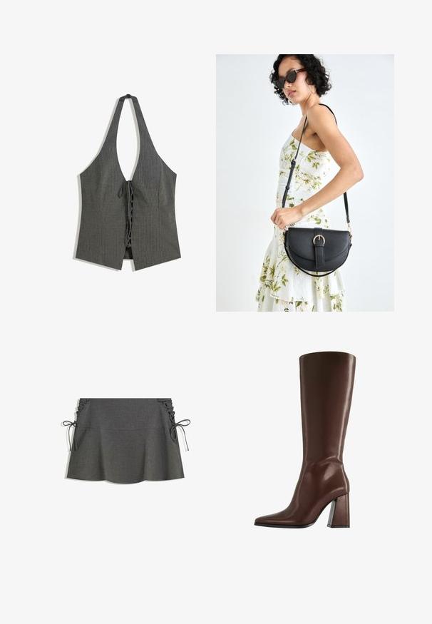Graues, gestreiftes Halftertop mit tiefem V-Ausschnitt, offenem Vorderteil und Bindegürtel in der Taille. Der Stoff hat ein enganliegendes, strukturiertes Aussehen.; Grauer gestreifter Rock mit seitlicher Raffung, Bändern und ausgestellter Silhouette. Die Textur des Stoffes wirkt glatt mit einem leichten Glanz.; Brauner kniehoher Lederstiefel mit spitzer Zehe und klobigem mittelhohem Absatz, Seitenansicht vor weißem Hintergrund.; Schwarze Lederhandtasche mit geschwungener Form, abnehmbarem Tragegurt und goldenen Beschlägen. Die Tasche verfügt über einen Deckel mit einer Schnallen-Details.