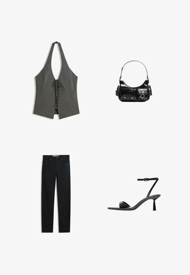 Top halter cu dungi gri, având un decolteu adânc în V, deschidere frontală și închidere prin legare la talie. Țesătura are un aspect ajustat, texturat.; Pantaloni din denim negri cu un design drept, cinci buzunare, închidere cu nasture metalic și detalii subtile de cusătură. Textură netedă.; Bershka Sandale cu toc - black; Geantă de mână din piele lăcuită neagră, cu o formă curbată, un umăr, buzunare frontale și accente din metal argintiu.