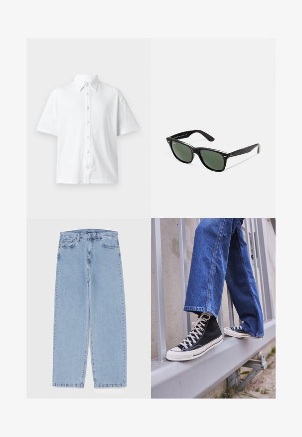 Hvid kortærmet skjorte med knapper lavet af tekstureret stof, med en klassisk krave og et linjemønster. Seks knapper langs forsiden.; Hvid bomulds tanktop med rund halsudskæring, brede skulderstropper og lige kant, der har en glat tekstur og uden synlige mønstre.; Lyseblå denimjeans med straight leg-design, der har en mid-rise talje, fem lommer og en lukning med knap og lynlås.; Sorte høj-top sneakers med hvid sål og snørebånd, parret med løse blå denimjeans, hvilende på et gråt gelænder.; Sorte plastiksolkaber med grønne linser, firkantede stel, sølvaccent på brynene og teksturerede templede arme. Angivet mærke på den indre arm.