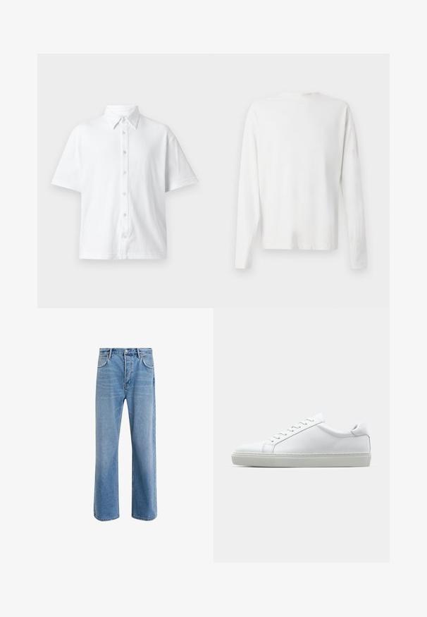 Biała koszula z krótkim rękawem, zapinana na guziki, wykonana z fakturowanej tkaniny, z klasycznym kołnierzykiem i wzorem w paski. Sześć guzików z przodu.; Biała, bawełniana koszula z długim rękawem, okrągłym dekoltem, bocznymi rozcięciami na dole oraz gładką fakturą, wyeksponowana z tyłu.; Jasnoniebieskie dżinsy o prostym kroju, pięć kieszeni, zapięcie na guzik, minimalne blaknięcia i kontrastowe wykończenia szwów.; Białe sneakersy z gładką skórzaną cholewką i niskim profilem. Posiadają okrągły nos, sześć dziurek na sznurówki oraz teksturowaną gumową podeszwę.