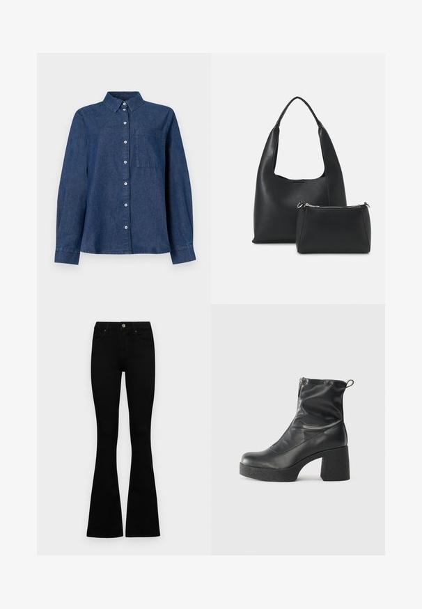 Camisa de ganga azul escura de mangas compridas com frente abotoada, colarinho pontiagudo, um bolso no peito e punhos abotoados.; Jeans pretos de cintura alta com fecho de botão e zíper, bolsos frontais e pernas largas dispostos em cima de um fundo branco.; Botas de tornozelo pretas feitas de couro liso, com fecho lateral, salto grosso texturizado e design de bico arredondado.; Even&Odd Mala de mão - black