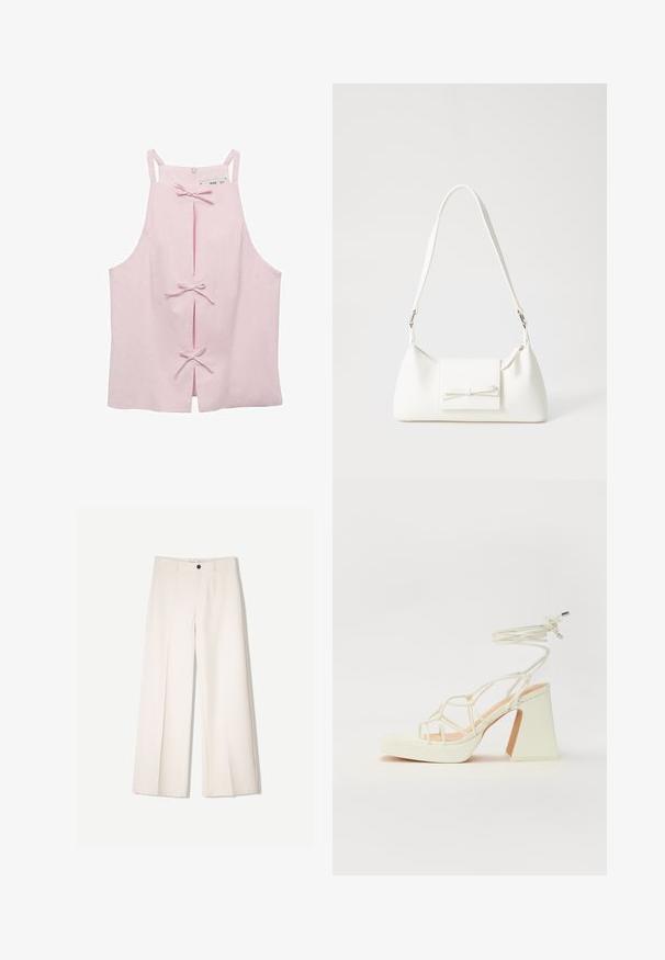 Top fără mâneci, de culoare roz deschis, cu o croială dreaptă, având fante în față asigurate cu fundițe și o închidere cu fermoar la spate. Textură a materialului neted.; Pantaloni largi de culoare crem, cu un design croit, având două buzunare la față și o închidere cu un singur nasture în față, realizați dintr-un material neted.; Sandale albe cu toc înalt și gros, cu un design cu curele și legătură la gleznă. Textură netedă, cu o platformă frontală pentru înălțime suplimentară.; Geantă sintetică albă, cu formă triangulară, capac frontal plat și detaliu cu fundă, curea ajustabilă, textură netedă și design minimalist.