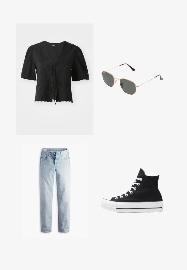 Svart kortärmad blus i lätt tyg, med blommig broderi, v-ringning och knytning framtill. Vågig nederdel.; Ljusblå denimjeans med raka ben, två framfickor och två bakfickor. Inkluderar en tvåknappsgylf och diskret sömnad.; Svart hög sneakers i canvas med vita ögla, snören och gummisulor. Har en texturerad tåskydd och svartvita randiga detaljer.; Guldmetallramda solglasögon med mörkgröna linser, pilotstil, med smala armfästen och sköldpaddsmönstra detaljer på spetsarna.; Svart, vadderad handväska med en guldkedjesnor, som har en distinkt guldkrok och en liten tagg, med en texturerad läderyta.